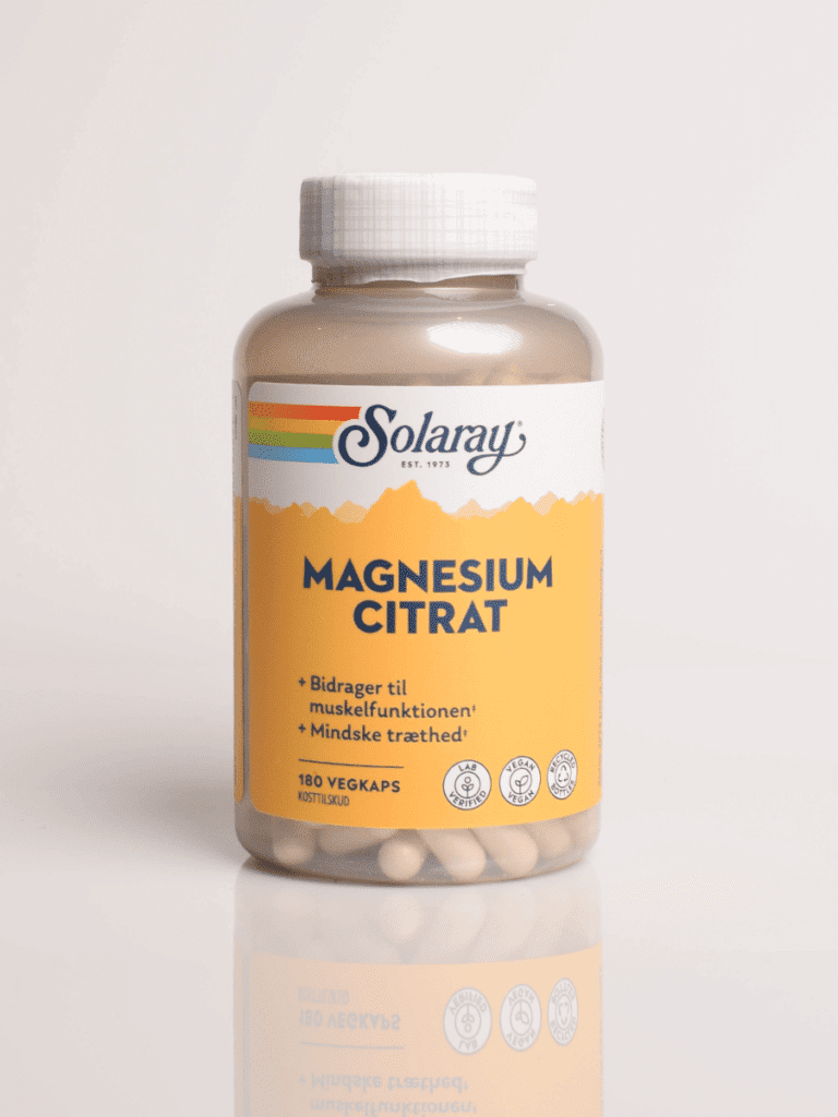 Solaray Magnesium Citrat kosttilskud, plastflaske med gul etiket og 180 vegkapsler