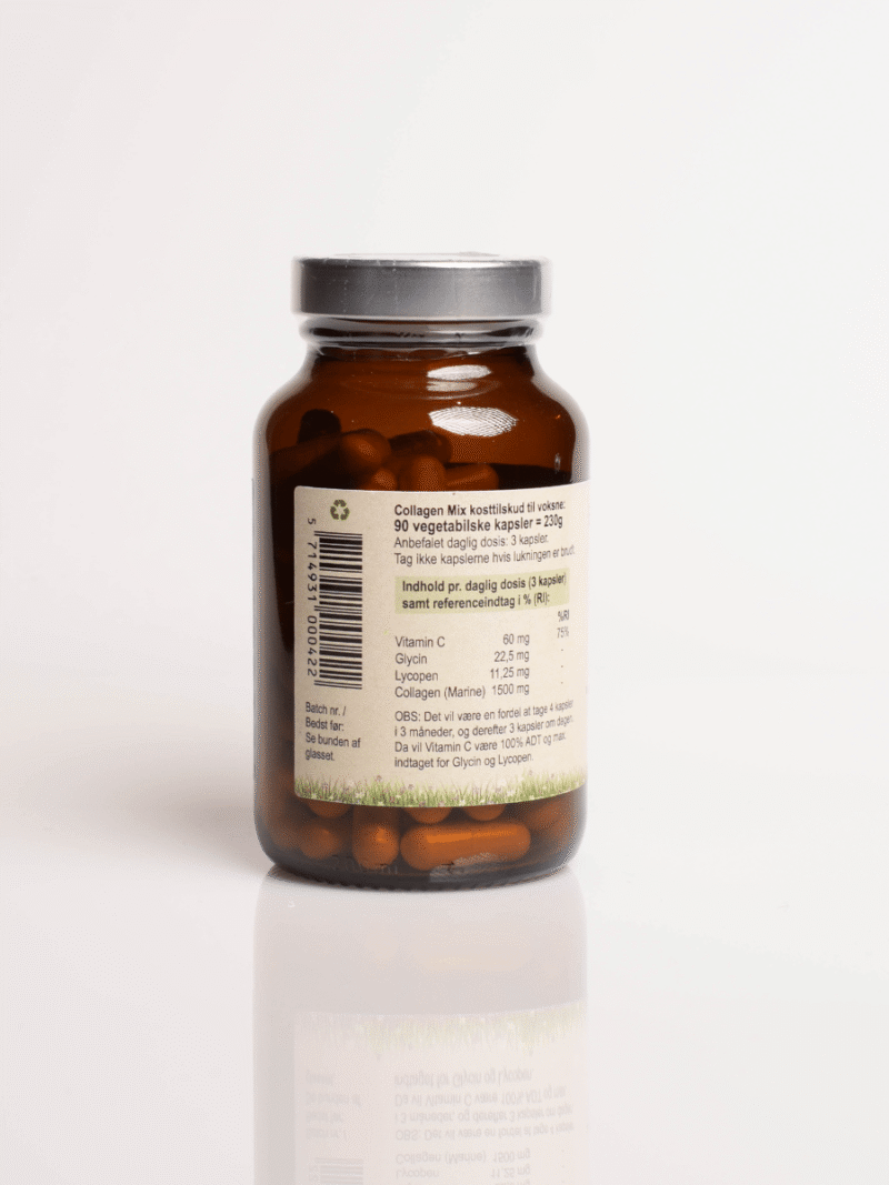 Brun glasbeholder med sølvlåg og label, fyldt med orange collagen kosttilskudskapsler
