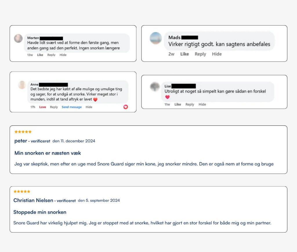 Kundeudtalelser og femstjernede anmeldelser af Snore Guard, ros for reduceret snorken og nem formning