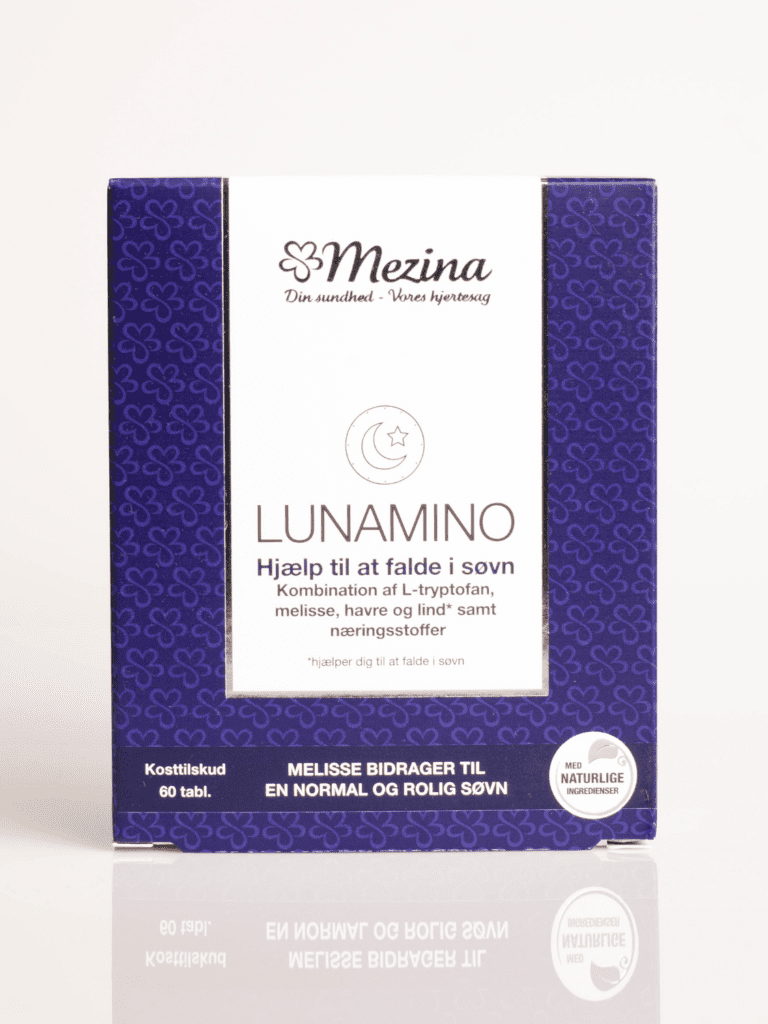 Mezina Lunamino søvnkosttilskud, lilla æske med melisse og L-tryptofan, 60 tabletter