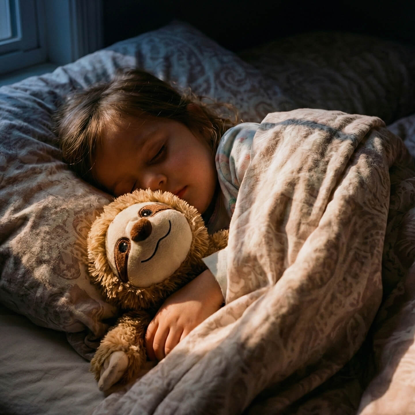 Sovende barn krammer blød dovendyrbamse under mønstret sengetæppe i varmt aftenslys