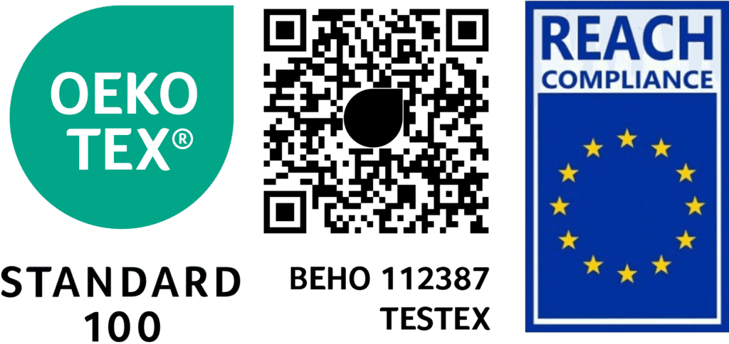 OEKO-TEX certificeringslogo ved siden af REACH compliance EU-mærke med gule stjerner